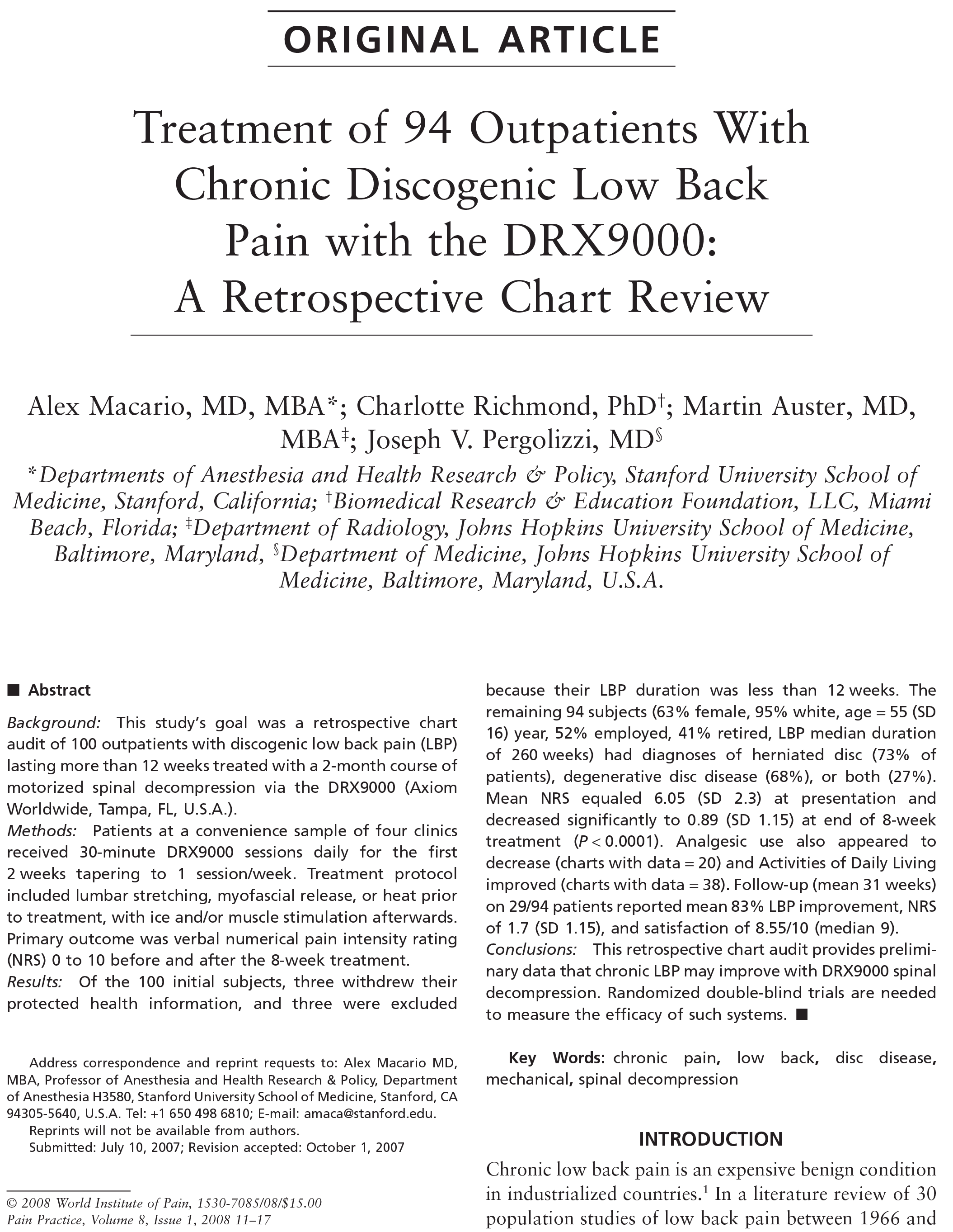 Treatment of 94 Outpatients With Chronic Discogenic Low Back Pain: A Retrospective Chart Review Cover