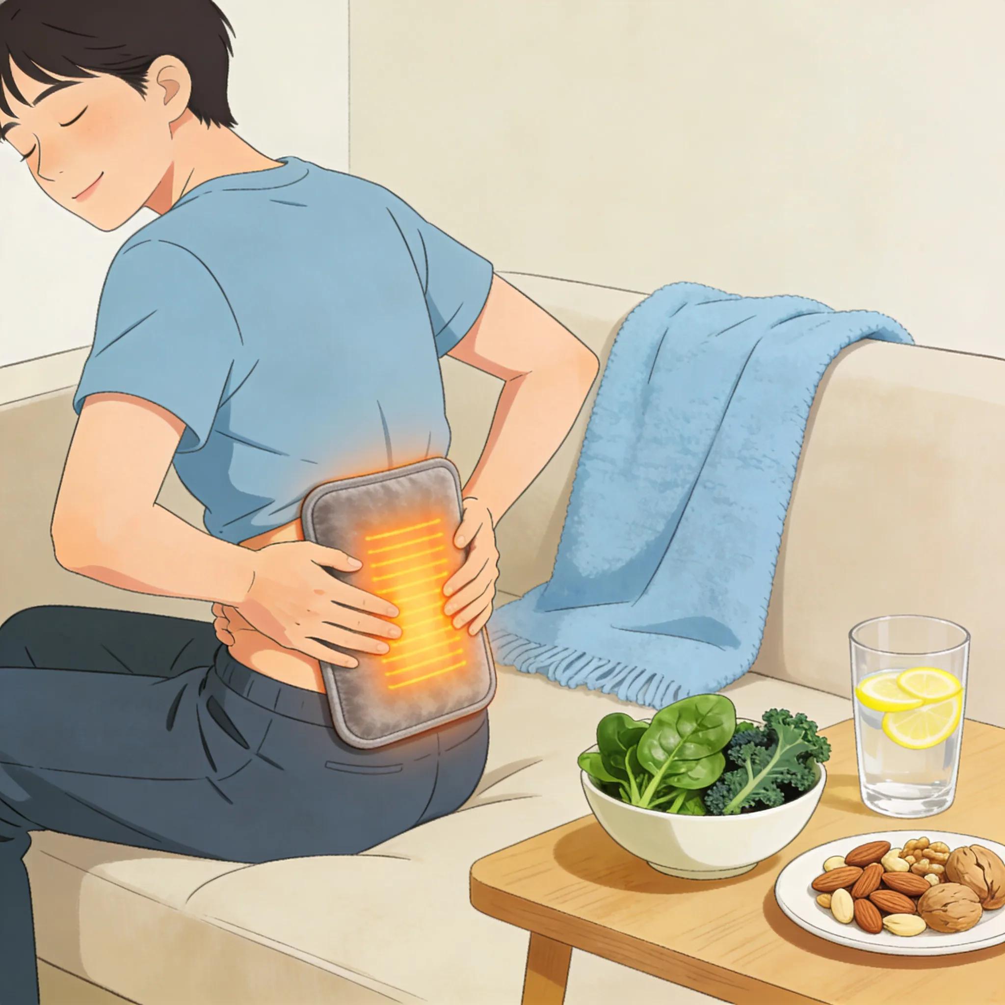 Person using heat therapy for sciatica with healthy foods in view to promote relief