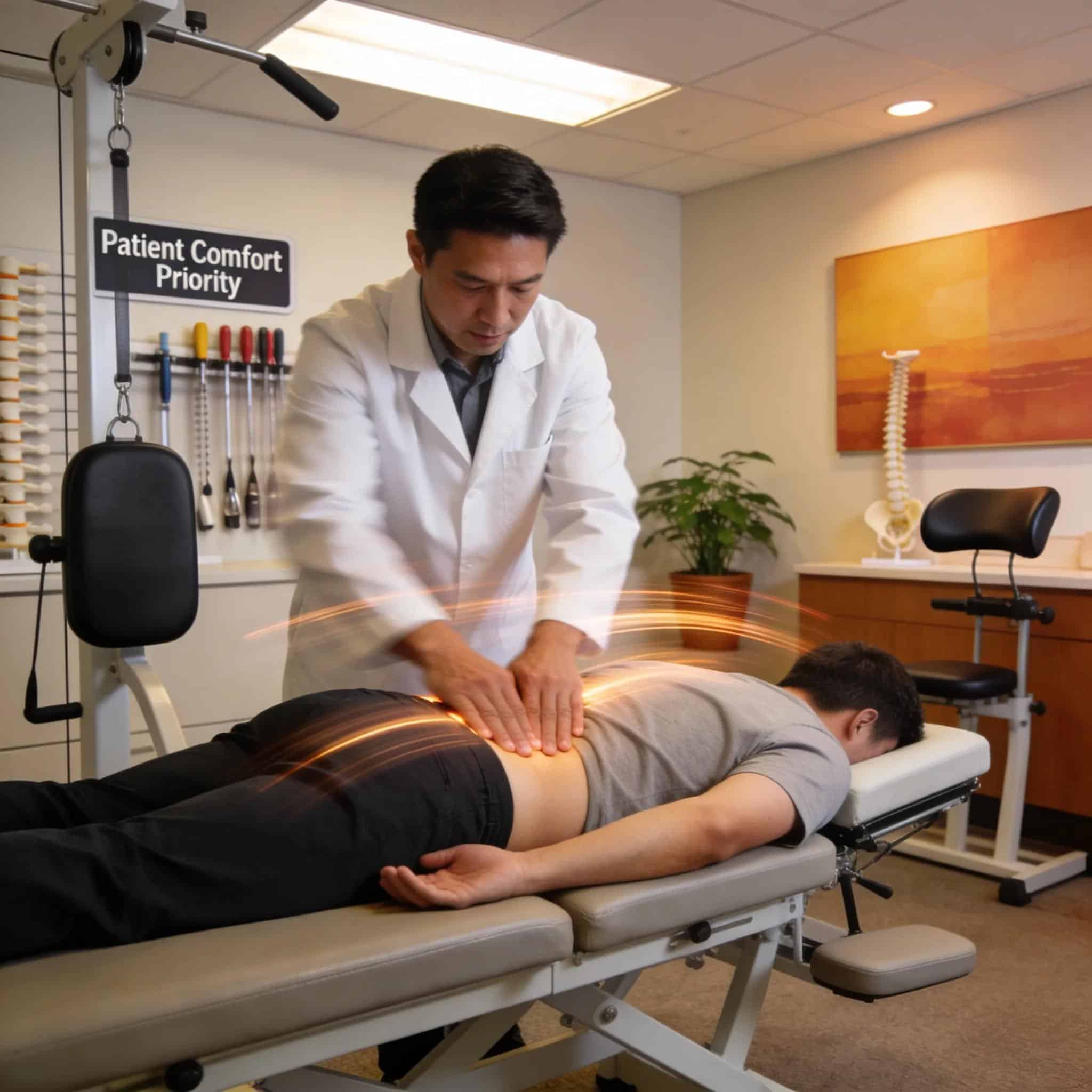 Chiropractor performing a spinal adjustment on a patient in a caring, professional office setting