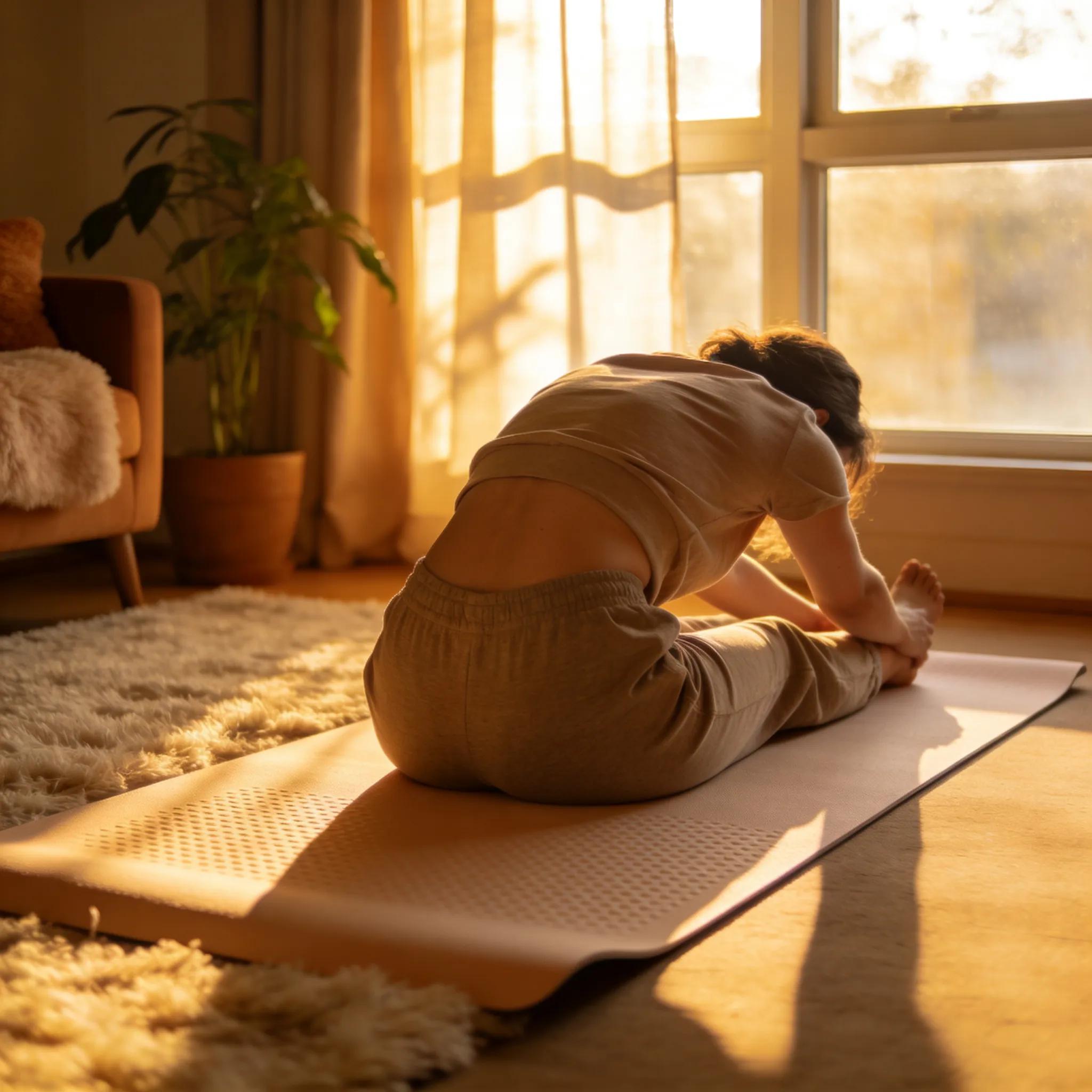 Individual stretching in a serene environment, focusing on relieving sciatica pain