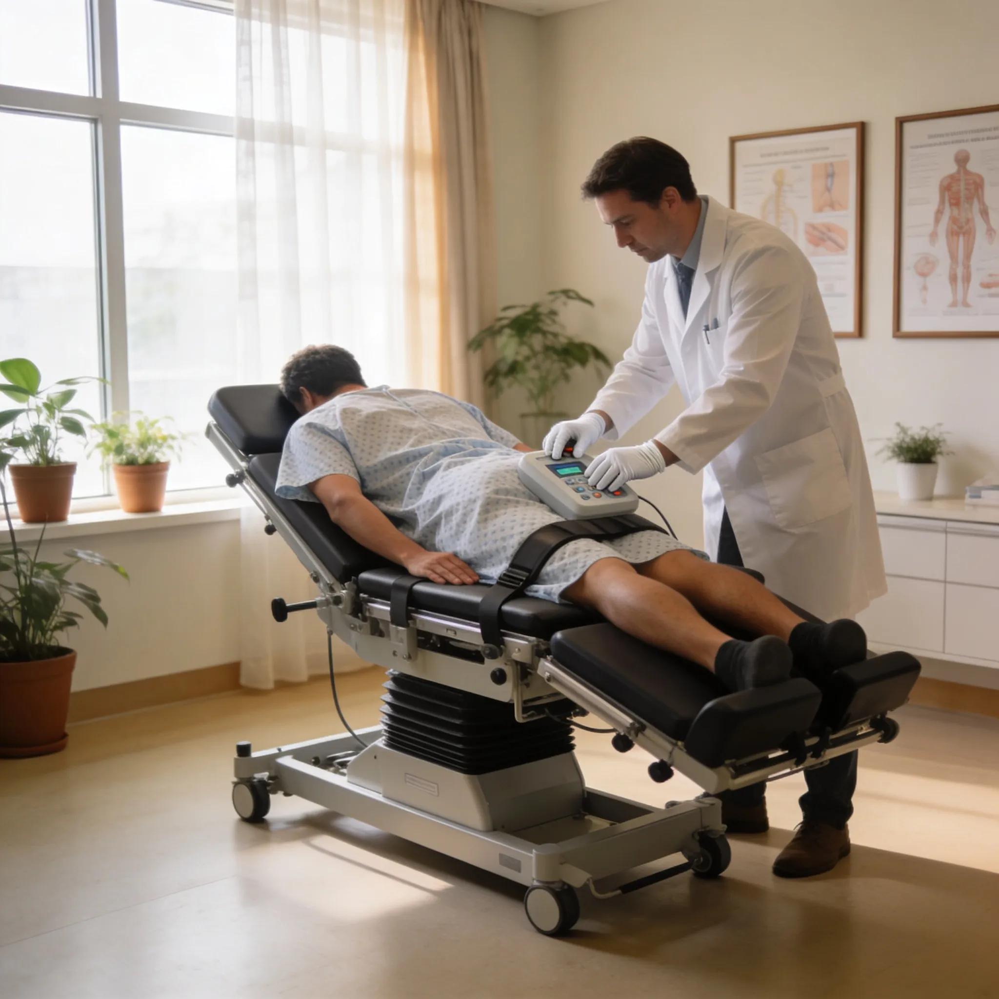 Spinal decompression therapy session in a clinic with patient and professional